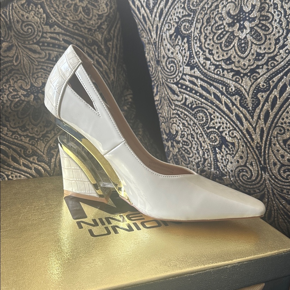 Nina Women's White Heels with Gold Accents